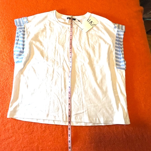 Zara white and blue short poplin details sleeves top t-shirt NWT - Picture 8 of 9
